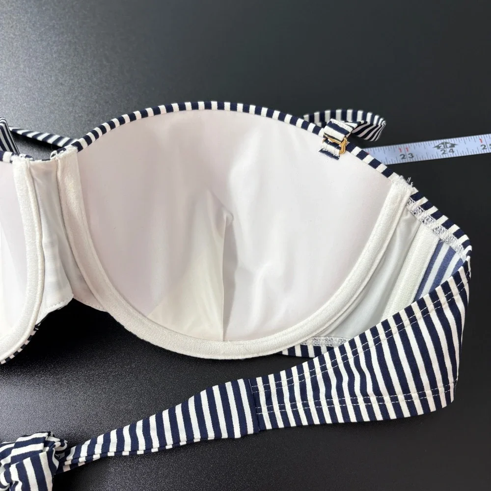 Tory Burch Womens Bikini Top L Blue White Stripe Underwire Halter‎ Bandeau